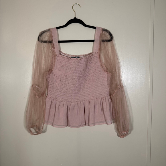 Arula Tops - Arula Rose Pink Smocked Peasant Milkmaid Blouse with Sheer Sleeves 1X